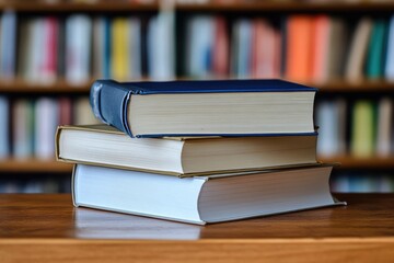 Poster - A collection of books stacked on a wooden table, perfect for educational or literary settings