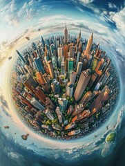 Poster - Aerial view of a city with buildings and streets below, suitable for urban planning or infrastructure projects