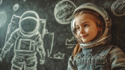 Poster - A young girl in a space suit stands near a chalkboard, perhaps planning an intergalactic adventure