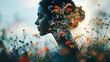 © jitharanat - A woman in a field of flowers with a profile merging with a wildflower meadow in full bloom