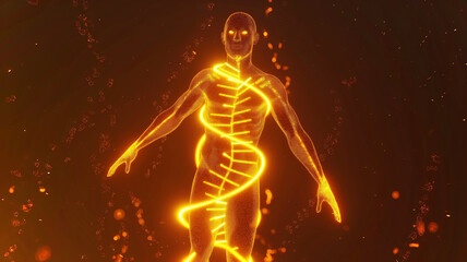 Poster - This glowing figure showcases genetic tricks to extend youth with innovative technologies.