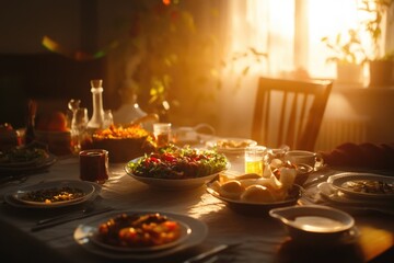 Poster - A dinner table filled with an assortment of dishes and condiments, perfect for a family gathering or holiday celebration