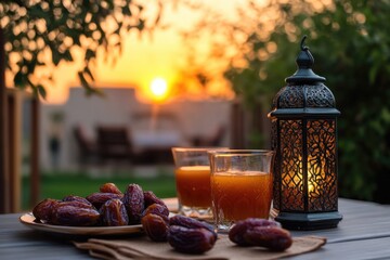 Poster - Fresh fruit and orange juice on a wooden table