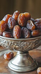 Poster - A silver bowl filled with dates on a wooden table