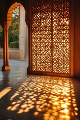 Poster - A building with a decorative screen allowing sunlight to shine through, ideal for architecture and design-related projects