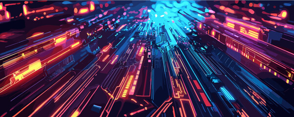 Poster - Futuristic neon cityscape with digital data streams and vibrant light trails.
