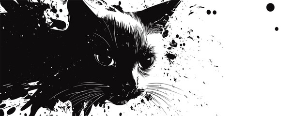 Poster - Abstract ink cat portrait with splattered paint effects on white background.