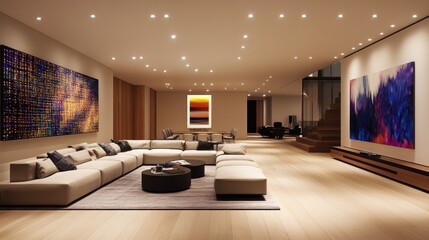 Poster - A comfortable living room with a sofa and a large painting on the wall, perfect for relaxing or entertaining