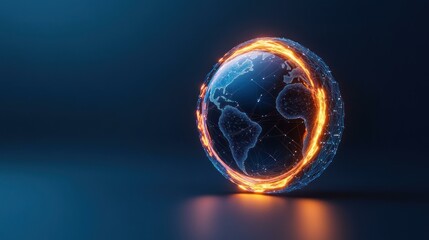 Fototapete - Futuristic glowing earth globe with fiery ring digital network connections global communication technology concept