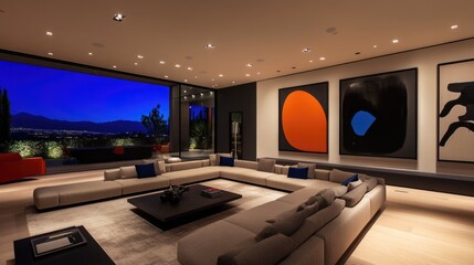 Poster - Cozy living space with comfortable sofa and natural light from the large window