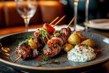 Poster - A plate of meat skewers and potatoes served on a table, perfect for outdoor gatherings or BBQs