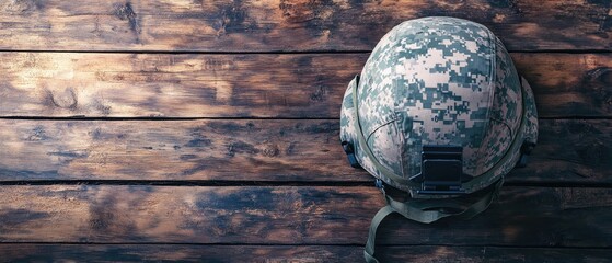 Poster - A camouflage backpack hung on a wooden wall, suitable for outdoor and military-themed designs