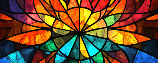 Vibrant stained glass art with multicolored geometric pattern in abstract design.