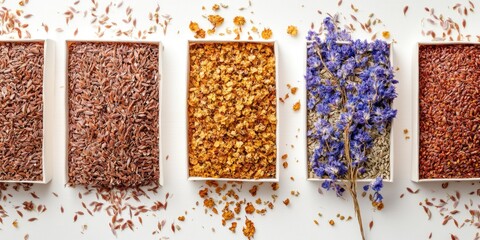 Aufkleber - A row of four bowls filled with different types of rice