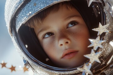 Poster - A young boy in a space suit surrounded by stars, perfect for illustration or design use