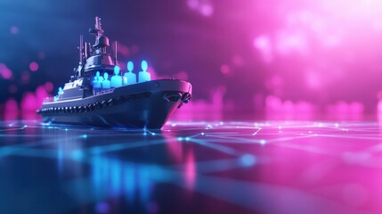 Poster - Futuristic Warship Sailing on a Digital Network Ocean Abstract Technology Concept Digital Art