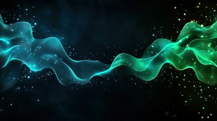 Aufkleber - Abstract Teal and Green Energy Waves Flowing Across Dark Background with Sparkling Particles Digital Art Illustration