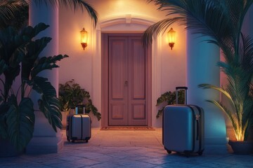 Poster - Suitcases waiting outside hotel door with keys and labels