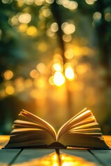 Poster - An open book sits on a wooden table, ideal for educational or office settings
