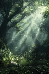 Poster - A serene scene of sunlight peeking through the treetops in a dense forest