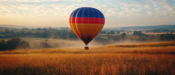 Poster - A hot air balloon soaring above a lush green field with rolling hills and blue sky