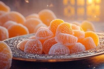 Poster - A still life of a plate with fresh oranges arranged on a table, perfect for food photography or editorial use