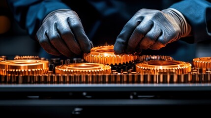Poster - Close up of gloved hands carefully handling precision engineered brass gears in a factory setting Industrial manufacturing process
