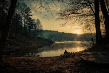 Poster - A person relaxing on the shore of a peaceful lake, with calm water and surrounding nature