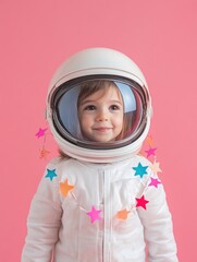 Poster - A young girl wearing a colorful space suit with star patterns, suitable for sci-fi illustrations, children's books, or educational materials