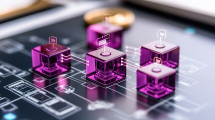 Poster - Network of Interconnected Purple Data Cubes on Digital Tablet Representing Blockchain Technology and Data Security