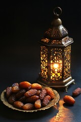Poster - A plate of dates and a lantern sit together on a table, perfect for a romantic dinner or as a decorative centerpiece