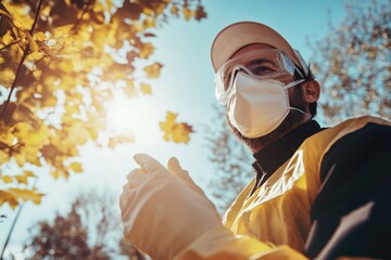 Poster - A person in protective attire reviews their mobile device, possibly for work or personal reasons