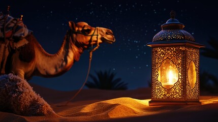 Poster - A camel stands next to a lantern in the desert, suitable for use as a symbol or illustration