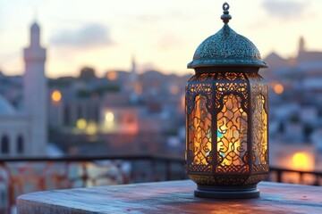 Poster - A single lantern sits atop a wooden table