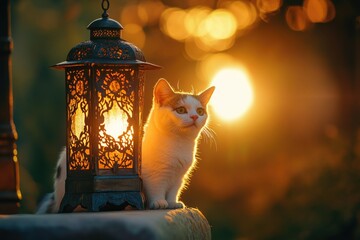 Aufkleber - A white cat sitting next to a lamp