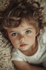 Aufkleber - A young child relaxing on a soft blanket, with bright blue eyes