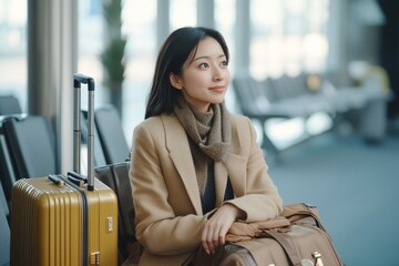Poster - A woman sits on a bench with her luggage, possibly waiting for transport or taking a break during travel