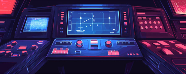 Poster - Futuristic spacecraft control panel with neon instruments and digital interface.