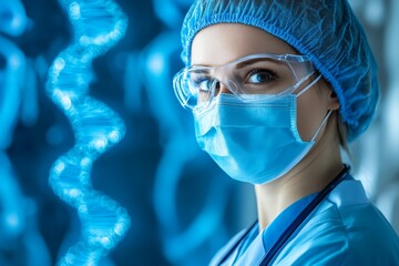 Aufkleber - Medical professional in blue scrubs and protective gear examines DNA structure in laboratory setting