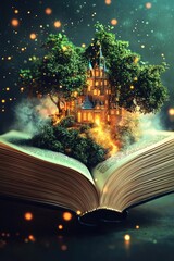 Poster - An old-fashioned open book with a tree growing out of the top, perfect for educational or whimsical scenes
