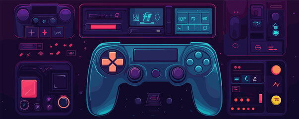 Poster - Retro gaming console controller with neon interface in futuristic design.