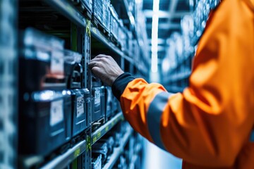 Poster - A person in an orange jacket is studying the items on a shelf