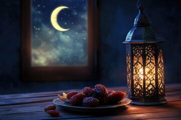 Aufkleber - A plate of dates and a lantern on a rustic wooden table, perfect for a cozy dinner or romantic evening