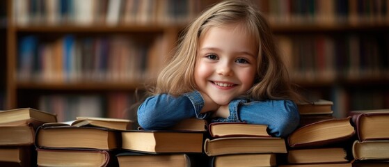 Poster - A happy child sitting among piles of books