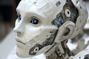 Aufkleber - Intricate robot head with luminous eyes on display at technology exhibition showcasing advanced robotics and artificial intelligence concepts