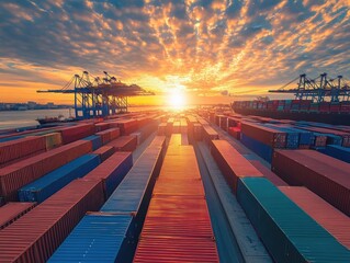 Poster - Image of a busy container dock with containers stacked high as the sun sets in the background