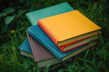 Poster - Stacks of books lying on a vibrant green grassy field