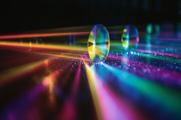 Poster - Light refraction creates vibrant colors through glass prisms on a dark surface
