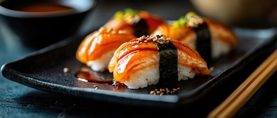 Poster - A black plate filled with sushi and paired with chopsticks, perfect for food photography or editorial use