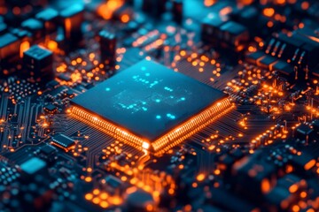 Poster - Close-up view of a computer processor on a circuit board illuminated by glowing blue and orange lights